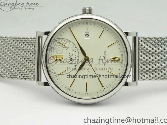 MIROTIME 0327 Breathable Portofino IW356501 SS V3 MK 1:1 Best Edition White Dial Gold Markers On SS Mesh Bracelet MIYOTA 7197